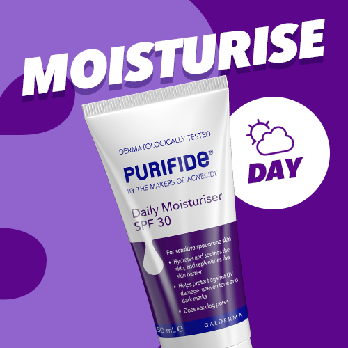 PURIFIDE Daily Moisturiser SPF30. Lightweight with UVA/ UVB broad spectrum, protect your skin during treatment whilst helping soothe skin and provide hydration – all with no white cast!